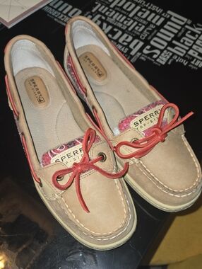 Like New - Sperry Tan Boat Shoes with Red Sequined Trim & Red Leather Laces
